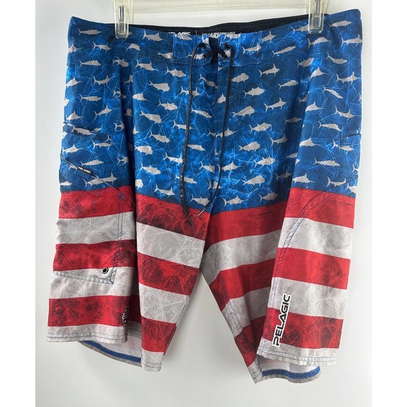 ✨2/$20 Pelagic Sharkskin Board Shorts American Flag Swim Fishing Size 38 - Picture 2 of 6